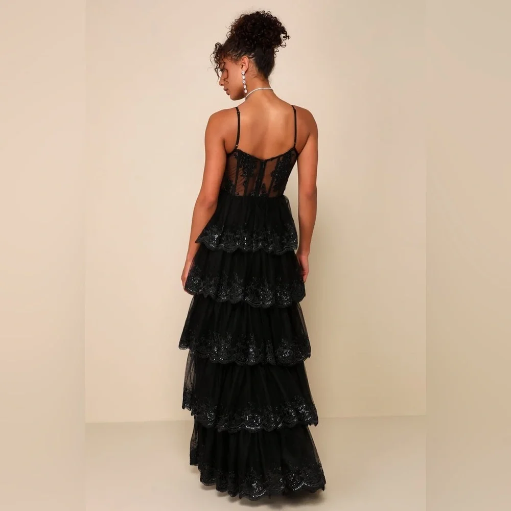 Lulus Alluring Sensation Black Tulle Embroidered Tiered Maxi Dress, Size XS, NWT - Picture 4 of 15